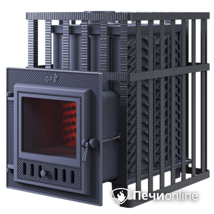 Дровяная банная печь Гефест ЗК в сетке-18 (М) чугунная дверца со стеклом, запатентованная каменка сетка в Владивостоке